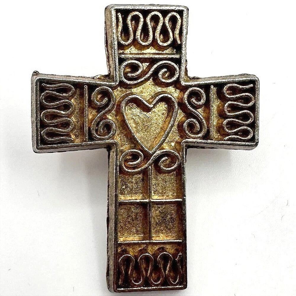 Vintage 80s Gold Tone Heart Cross Lapel Pin Religious Brooch Fashion Jewelry Y2K